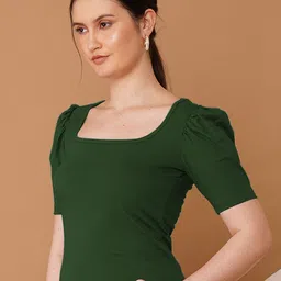 Chemistry Women Ribbed Square Neck Puff Sleeves Fitted Regular Cotton Top-picture-5