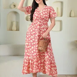 Sangria Women Peach Floral Print Flared Cotton Tiered Midi Dress-picture-45