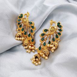 Saizen Gold Plated Crystal Studded & Pearls Beaded Dome Shaped Jhumkas-image-36