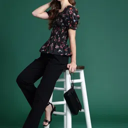 DressBerry Floral Print Puff Sleeve Crepe Peplum Top-image-98