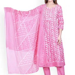 WOOL 4U Women Floral Printed Regular Anarkali Calf Length Kurta with Trousers & Dupatta-image-47