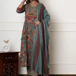 KALINI Women Floral Printed Regular Sequinned Pure Cotton Kurta with Trousers & With Dupatta-9
