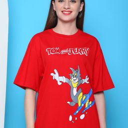 Dreambe Women Pack Of 2 Tom & Jerry Fusion Graphic Printed Cotton Oversized T-shirts-image-59