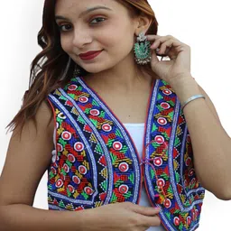 Prijam Women Collarless Self Design Ethnic Denim Jacket-image-21