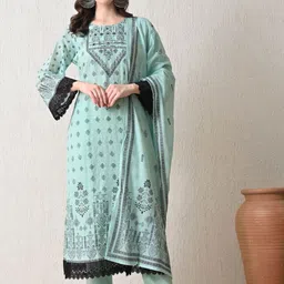 HARIKS Women Ethnic Motifs Printed Cotton Kurta with Trousers & Dupatta-picture-25