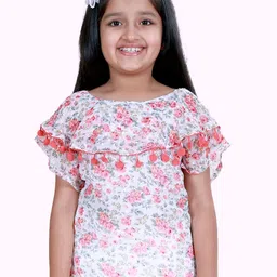 KiddoPanti Girls Floral Printed Flared Sleeves Ruffle Top With Pom Pom-image-85