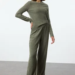 Trendyol Ribbed Self Design Round Neck Top And Trousers-image-24
