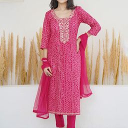 KALINI Women Bandhani Printed Regular Thread Work Kurta with Palazzos & With Dupatta-5