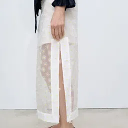 MANGO Floral Embroidered Semi Sheer Straight Midi Skirt-image-29