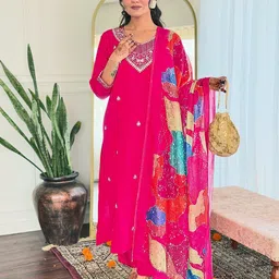 KALINI Floral Embroidered V-Neck Sequinned Straight Kurta With Trousers & Dupatta-picture-46