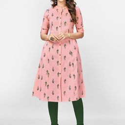 KALINI Floral Printed Mandarin Collar Panelled Cotton A-Line Kurta-35