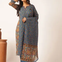 KALINI Floral Printed Notch Neck Straight Pure Cotton Kurta With Palazzos & Dupatta-picture-48
