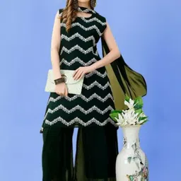 PARROT CREATION Women Embroidered Regular Sequinned Kurti with Sharara & With Dupatta-image-33