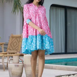 BAESD Colourblocked Embroidered Puff Sleeve Fit & Flare Dress-image-75