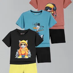 HELLCAT Boys Pack Of 3 Printed Round Neck T-Shirts With Shorts-image-83
