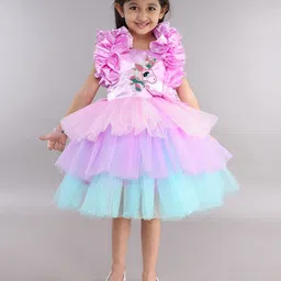 Pink Chick Girls Colourblocked Flutter Sleeve Layered Fit & Flare Dress-image-95