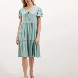 BIGDART Tie-Up Neck Tiered A-Line Dress-image-7