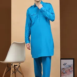 Moda Rapido Solid Shirt Collar Pathani Pure Cotton Kurta With Pyjamas-image-8