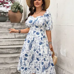 Sztori Plus Size Floral Print Puff Sleeve Square Neck Fit & Flare Dress-image-59