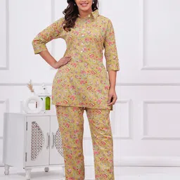 Nevisha Style Floral Printed Shirt Collar Pure Cotton Tunic And Trousers-picture-37