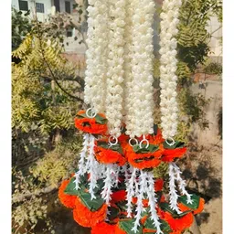 Sellplus 6 Pcs White & Red Mogra Flower With Marigold Tuberose Tassel Wall Hanging-6