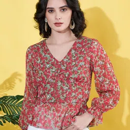 ANVI Be Yourself Floral Print Puff Sleeve Chiffon Top-17