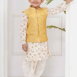 Sethukrishna Boys Geometric Printed Band Collar Kurta With Churidar & Nehru Jacket-56
