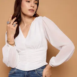 Kibo Slit Sleeve Georgette Cinched Waist Crop Top-11