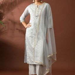 Jaipur Kurti Women Ethnic Motifs Embroidered Regular Chanderi Cotton Kurta with Trousers & With Dupatta-16