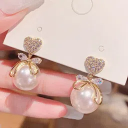 PolluxCraft Korean Gold-Plated Pearls Studded Heart Shaped Drop Earrings-image-17
