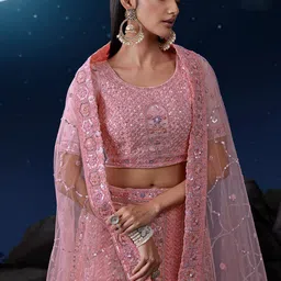 ODETTE Embroidered Sequinned Net Semi-Stitched Lehenga & Blouse With Dupatta image 2