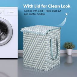Aura White & Grey Triangular Printed Foldable Laundry Bag With Lid 75 L image 2