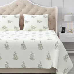 BELLA CASA Off White & Grey Ethnic Motifs 180 TC King Bedsheet with 2 Pillow Covers-picture-15