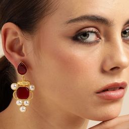 Anouk Gold Plated Artificial Stones Studded & Beaded Square Drop Earrings-14