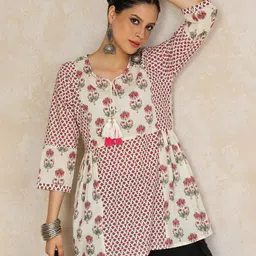 Varanga Floral Printed Thread Work Pure Cotton Thread Work Panelled Kurti-13