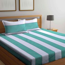 Myntra Elegant Homes White & Green Striped 300 TC King Bedsheet Set 2.50 x 2.20 m-13