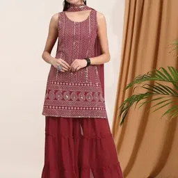 PARROT CREATION Geometric Embroidered Georgette Straight Kurti With Sharara & Dupatta-image-95