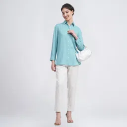 Saltpetre Women Blue Button Down Shirt & Tapered Pants Co-Ords-image-18