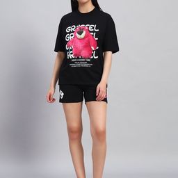 GRIFFEL Printed Oversized-Fit Pure Cotton T-Shirt & Shorts Co-Ord Set-image-86