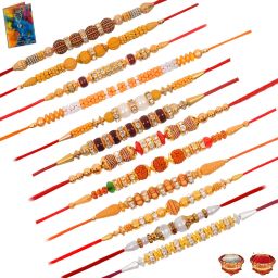 Scented ABADAEAFAGAH-AIAJAKALAMAN-11 Assorted Rakhi, Greeting Card, Chawal Roli Pack Set-image-0