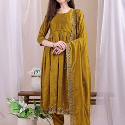 KALINI Floral Embroidered Round Neck Zari Anarkali Kurta With Trousers & Dupatta-image-74