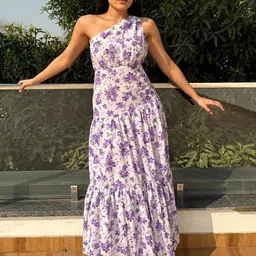 Myclo Alive Women Floral Printed One Shoulder Fit and Flare Cotton Maxi Dress-image-81