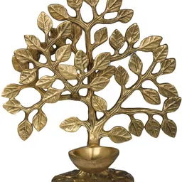 Exotic India Gold Toned Wick Lamp Attached Tree Brass Pooja Essentials-image-18