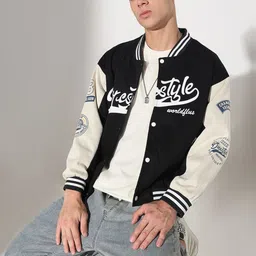 SHOWOFF Typography Printed Mandarin Collar Lightweight Cotton Varsity Jacket-picture-12