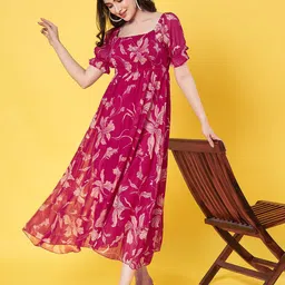 ANVI Be Yourself Women Floral Printed Puff Sleeve Fit & Flare Midi Dress-picture-45