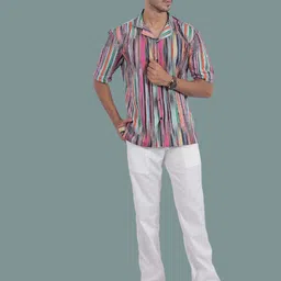 STITCH MONKEY Men Comfort Cuban Collar Multi Striped Casual Shirt-image-9