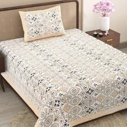 Urban Jaipur White & Orange Floral 210 TC Single Bedsheet with 1 Pillow Covers-picture-16