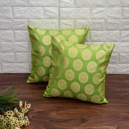 RoyalDeco Green & Gold-Toned Set of 2 Ethnic Motifs Square Cushion Covers-image-6