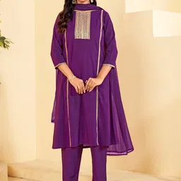 Laxmipati Floral Embroidered Sequinned Round Neck A-Line Kurta With Trousers & Dupatta-image-43