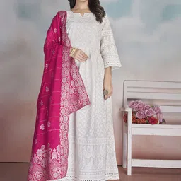 ZIRVI Women Floral Embroidered Chikankari Pure Cotton Kurta with Palazzos & Dupatta-picture-46
